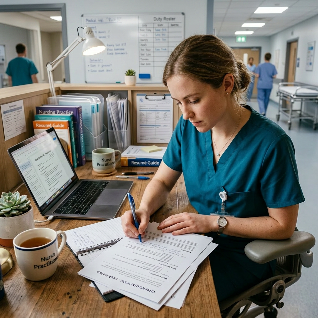 Nurse practitioner in scrubs writing on documents at a desk with laptop and nursing books