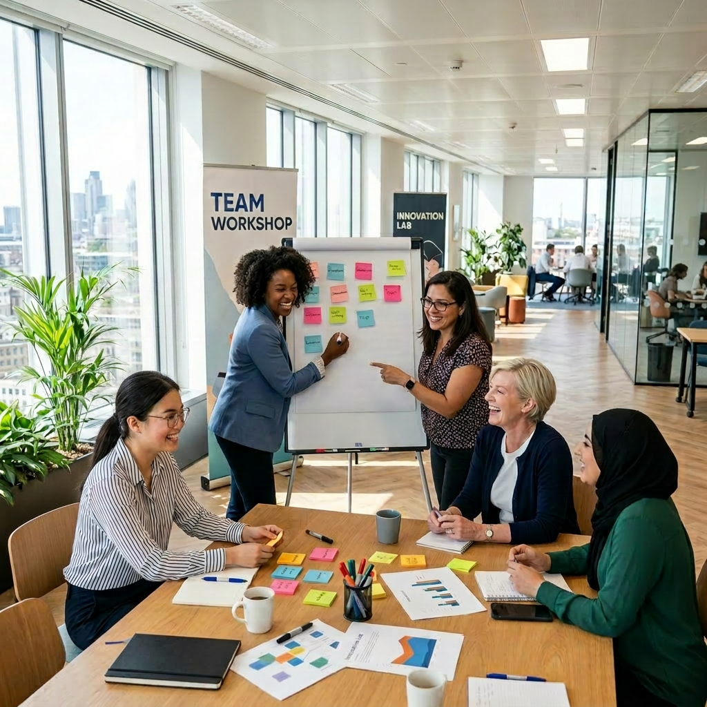 A group of six women collaborating around a table with sticky notes and charts in a bright office