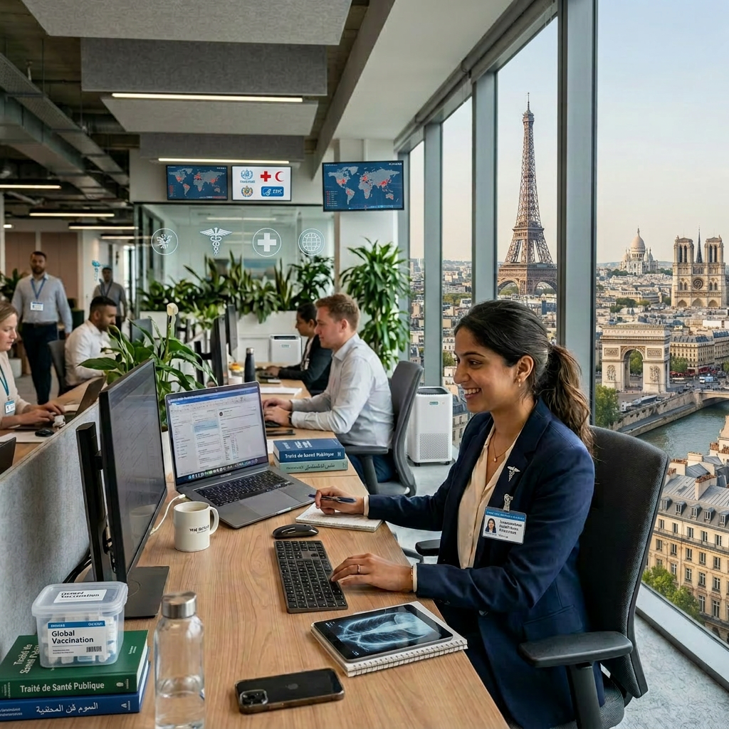 Office workers at desks using computers and laptops with a city view including buildings and a river