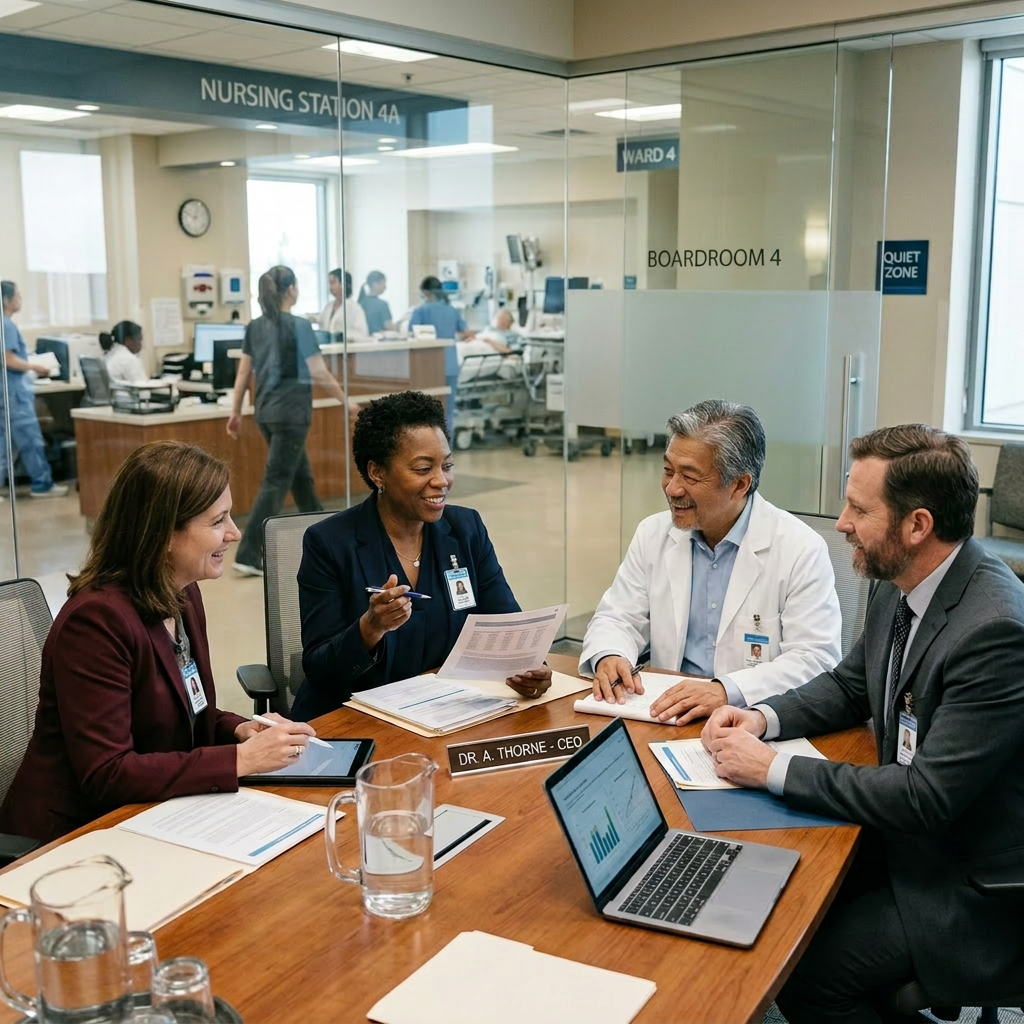 Four healthcare professionals meeting around a conference table with documents and laptops
